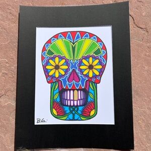 Yellow Daisy Eyes Skull Matted Art Print by Gold Tooth Designs; NWOT